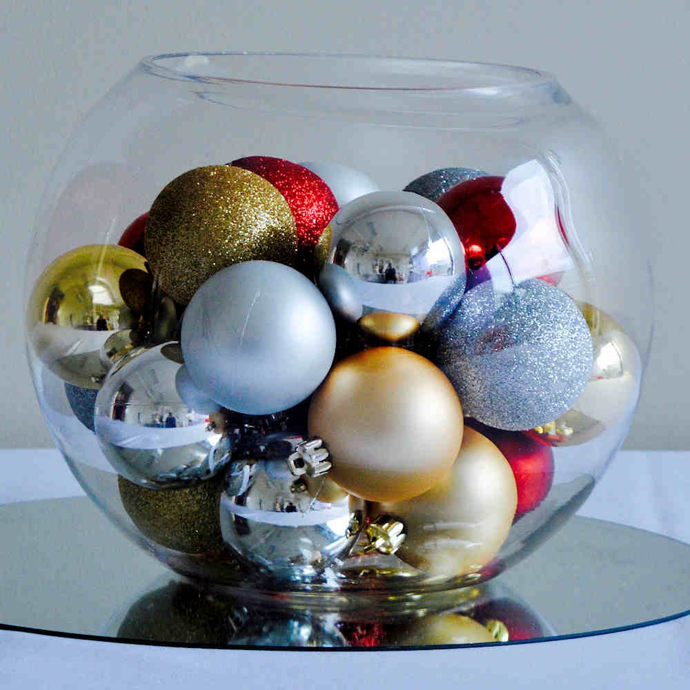 Hire Christmas Centerpieces Large Fishbowl with Traditional Baubles